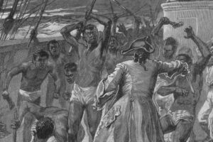Black and white rendering of African captives fight against an 18th-century slave ship crew.